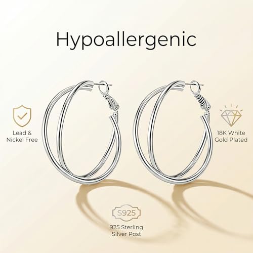 18K Gold Plated Crossover Double Hoop Earrings, 40mm Big Hoops | 925 Sterling Silver Post, Criss Cross X-Shape Loop, Lightweight Chunky Stackable, Everyday Trendy Statement Jewelry for Women - color: Silver