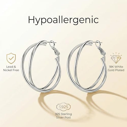 18K Gold Plated Crossover Double Hoop Earrings, 40mm Big Hoops | 925 Sterling Silver Post, Criss Cross X-Shape Loop, Lightweight Chunky Stackable, Everyday Trendy Statement Jewelry for Women - color: Silver