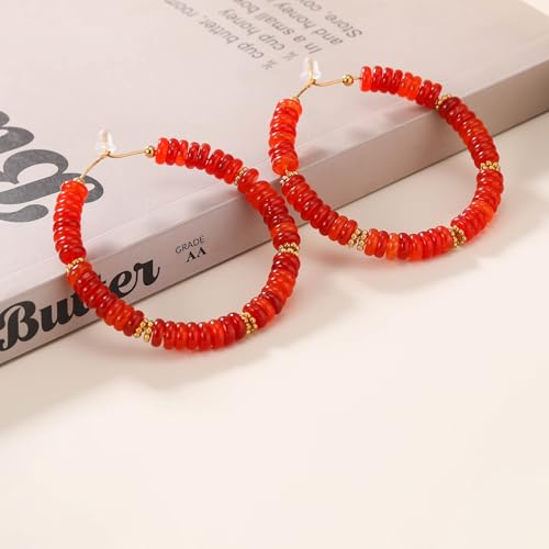 Wellike Beaded Hoop Earrings for Women Natural Stone Pink Gold Huggie Earrings Hypoallergenic Dainty Waterproof Trendy Jewelry - color: Red, size: 55mm