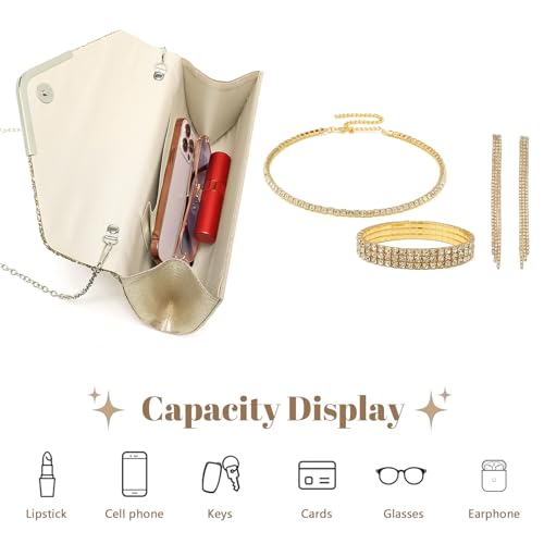 YYW 4 Pieces Women Evening Handbags Clutch Purse Bag with Rhinestone Crystal Jewelry Set for Wedding Party - color: Gold