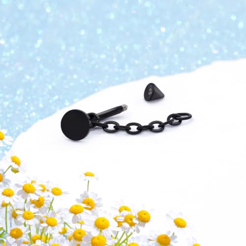 3 Pcs 316L Stainless Steel 16G Tragus Helix Rook Piercing Jewelry with Chain, Cartilage Earrings for Women, Belly Button Ring Vertical Labret Lip Piercing Jewelry - color: Black, size: Disc