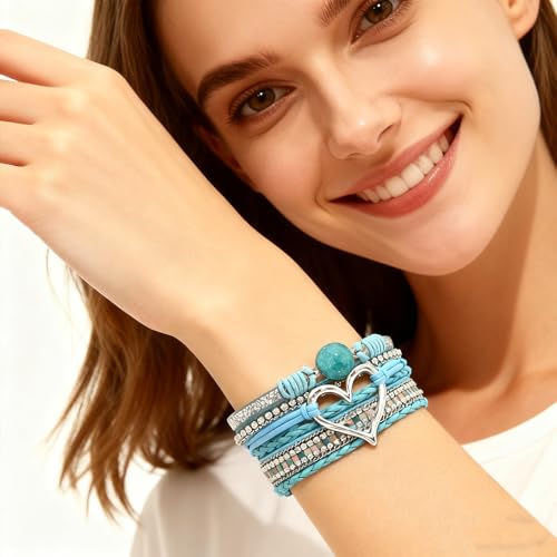 Leather Wrap Bracelets for Women, Boho Leopard Multi-Layer Crystal Beads Cuff Jewelry - color: J-Warp-017
