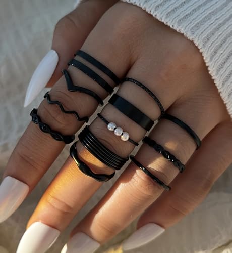 iF YOU 25 Pcs Gold Stackable Ring Set for Women, Chunky Knuckle Finger Midi Rings, Silver Simple Stacking Cute Rings Pack Trendy Stuff Jewelry Gift - style: 25 Black chunky rings