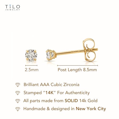 14k Yellow Gold Solitaire Round Cubic Zirconia Stud Earrings - Pushbacks - style: 2.5mm