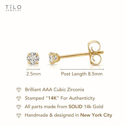 14k Yellow Gold Solitaire Round Cubic Zirconia Stud Earrings - Pushbacks - style: 2.5mm