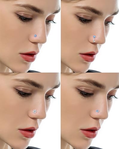 Tornito 16Pcs Nose Rings L Shaped Nose Stud Stainless Steel Butterfly Flower Leaf Heart Moon Dangle Nose Stud Ring Body Piercing Jewelry for Women Men 20G Pink Blue Clear CZ - color: C: Blue