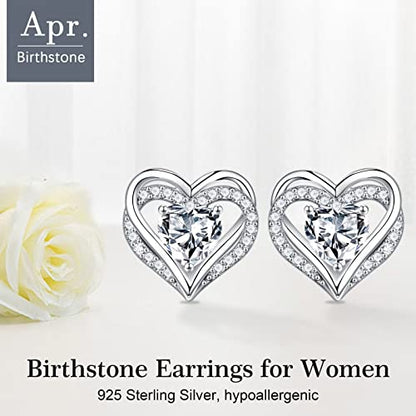 Iefil Birthstone Earrings for Women - 925 Sterling Silver Heart Stud Earrings Birthday Gifts for Women - color: 04-Apr-Created White Topaz