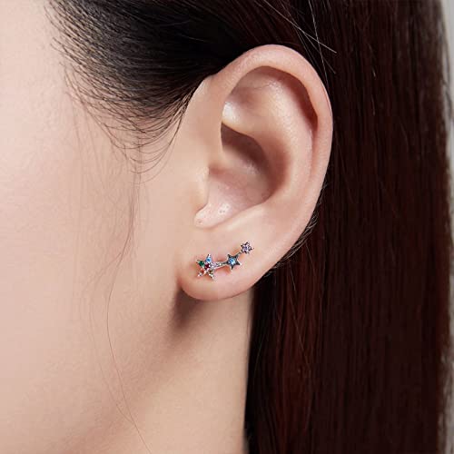 Qings 925 Sterling Silver Stars Earrings, colorful Cubic Zirconia Climber Earrings Hypoallergenic Stud Earrings for Women, Gift boxed