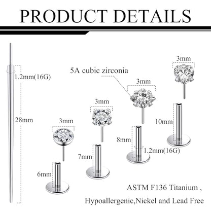 Ruifan Titanium Flat Back Lip Rings Threadless Push in Earrings Studs Nose Rings 20G 18G 16G Round Heart Square CZ Tragus Cartilage Lobe Rook Helix Conch Labret Medusa Piercing Jewelry for Women Men - color: Clear CZ, size: 16G-6/8/10mm