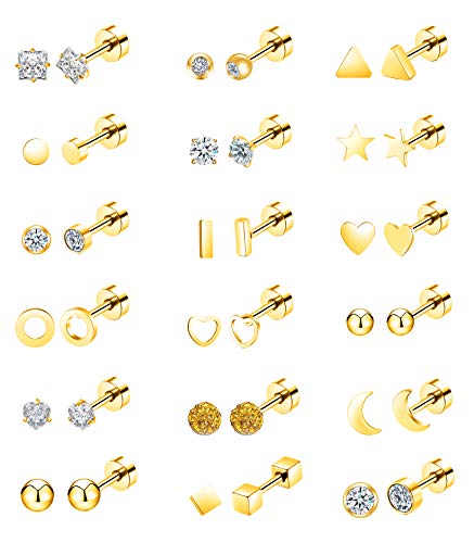 18Pairs 20G 18G Stainless Steel Tiny Stud Earrings for Women Cartilage Helix Earrings Ball Star CZ Earrings - color: Gold, size: 18G