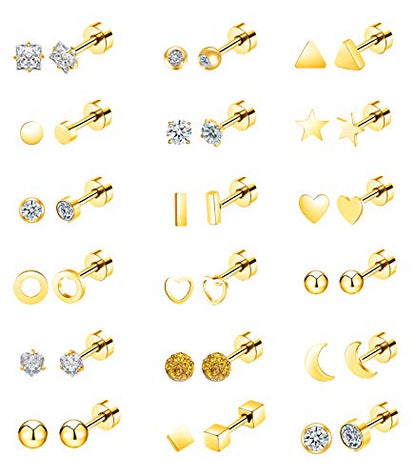 18Pairs 20G 18G Stainless Steel Tiny Stud Earrings for Women Cartilage Helix Earrings Ball Star CZ Earrings - color: Gold, size: 18G