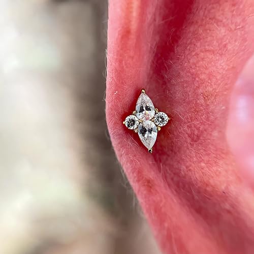 FINE4U 1PC ASTM F136 Titanium 16G Flatback Stud for Tragus, Helix, Conch 6mm 8mm - Screw on Cartilage Earring Piercing Jewelry - color: Four-Pointed Star B - Tit