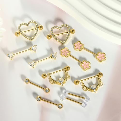 TIANCI FBYJS 6 Pairs Nipple Rings Stainless Steel Heart Butterfly Moon Flower CZ Stud Barbell Tongue Rings Set Cute Nipplerings Piercing Jewelry for Women Pink Tone - color: gold color