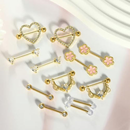 TIANCI FBYJS 6 Pairs Nipple Rings Stainless Steel Heart Butterfly Moon Flower CZ Stud Barbell Tongue Rings Set Cute Nipplerings Piercing Jewelry for Women Pink Tone - color: gold color