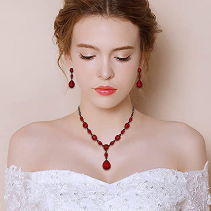 EleQueen Women's Wedding Bridal Jewelry Sets for Brides Bridesmaids, Cubic Zirconia Teardrop Necklace Tennis Bracelet Dangle Earrings Jewellery Set - color: 01-Ruby Color Black-Tone
