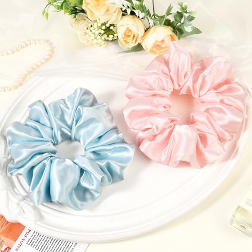 2 PCS Blue Pink Jumbo Satin Silky Scrunchies 6.5 Inches Oversized Scrunchie Extra Large Big Hair Ties Ponytail Holder for Thick Curly Hair Women (Light Blue, Pink) - color: Light Blue, Pink