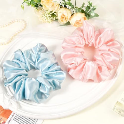 2 PCS Blue Pink Jumbo Satin Silky Scrunchies 6.5 Inches Oversized Scrunchie Extra Large Big Hair Ties Ponytail Holder for Thick Curly Hair Women (Light Blue, Pink) - color: Light Blue, Pink