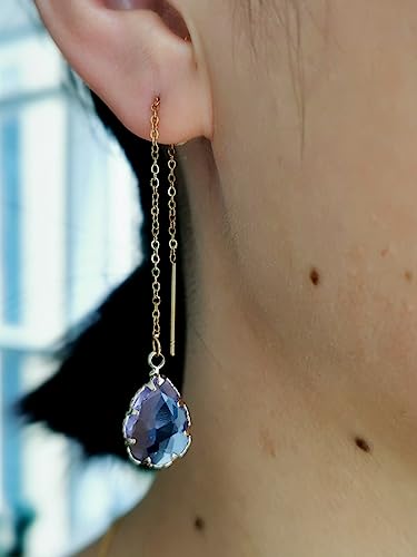 WANGGAO Stainless Steel Water Drop Long Chain Earrings for Women Linear Crystal Threader Earrings Jewelry - color: Purple