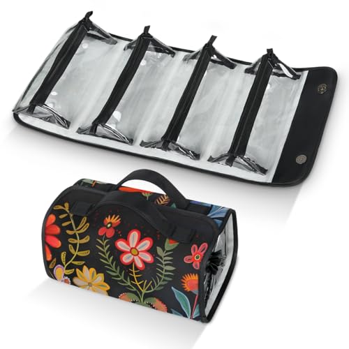 Boho Floral Hanging Roll Up Cosmetic Bag with 4 Removable Storage Bags Waterproof Foldable Toiletry Kit for Women - color: Multicolor 18