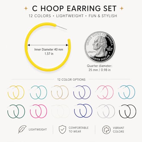 12 Pairs Colorful Classic C Hoop Earrings for Women, 925 Sterling Silver Hypoallergenic Earrings Set, Multi-Color Everyday Dainty Jewelry Gift for Her, Mix and Match - style: C-circle