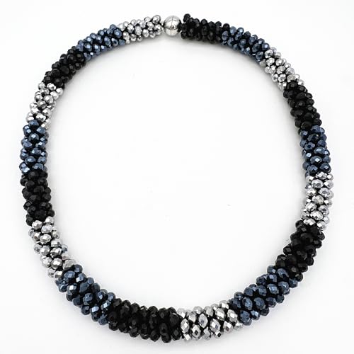 Hand Knotted Beads Statement Necklace Bracelet Jewelry Set Artificial Crystal Choker for Women- Handmade Beaded Strand Sparkly Faceted Crystal Rondelle-17inches, 30 Colors - color: Black-Silvery-Gunmetal