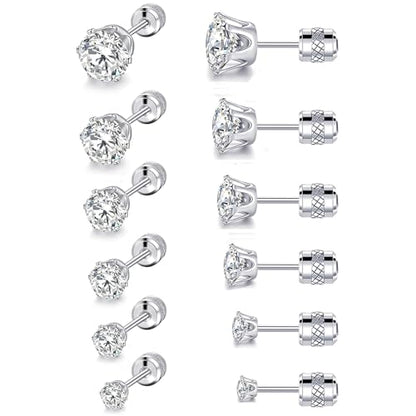 VOLUKA Cubic Zirconia Stainless Steel Screw Flat Back Earring - Hypoallergenic Stud Earrings for Women & Men - 316L Titanium CZ Stud Earrings for Nickel-Free, Trendy & Elegant - color: 6 Pairs- 3-8mm Screw Back -White