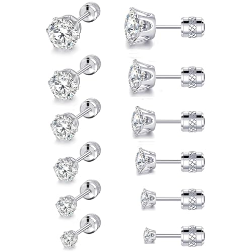 VOLUKA Cubic Zirconia Stainless Steel Screw Flat Back Earring - Hypoallergenic Stud Earrings for Women & Men - 316L Titanium CZ Stud Earrings for Nickel-Free, Trendy & Elegant - color: 6 Pairs- 3-8mm Screw Back -White