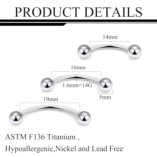 20g 18g 16g 14g Rook Piercing Jewelry Titanium Externally Threaded Curved Barbell Eyebrow Tragus Helix Conch Lobe Labret Earrings Lip Rings Body Piercing Jewelry For Women Men Ball Spike 6mm-19mm - size: 14G - 14/16/19mm Ball