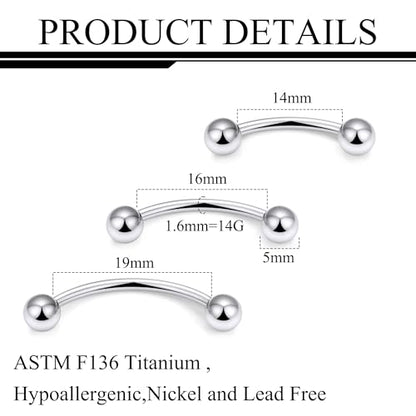 20g 18g 16g 14g Rook Piercing Jewelry Titanium Externally Threaded Curved Barbell Eyebrow Tragus Helix Conch Lobe Labret Earrings Lip Rings Body Piercing Jewelry For Women Men Ball Spike 6mm-19mm - size: 14G - 14/16/19mm Ball