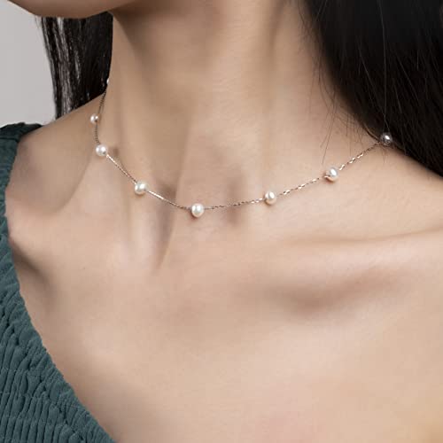 925 Sterling Silver Dainty Freshwater Cultured Pearl Choker Necklace White Genuine Real Pearl Charm Necklaces Jewelry Gifts for Her - color: Satellite Pearl-Silver 4.5-5.5mm