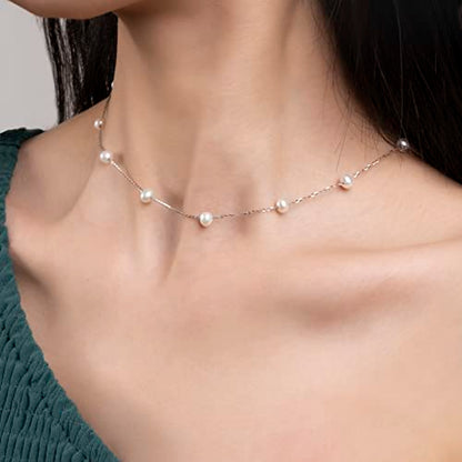 925 Sterling Silver Dainty Freshwater Cultured Pearl Choker Necklace White Genuine Real Pearl Charm Necklaces Jewelry Gifts for Her - color: Satellite Pearl-Silver 4.5-5.5mm
