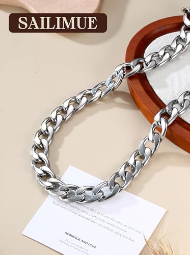 sailimue Chunky 18K Gold Plated Necklace Non Tarnish Heavy-Duty Stainless Steel Cuban Link Chain for Women Men Hypoallergenic Thick Choker Chain Necklaces Unisex Statement Jewelry Gift 9/13/15mm - color: Silver