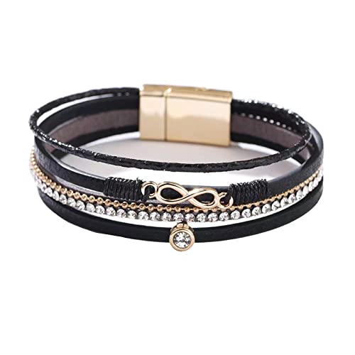 KunBead Infinity Leather Wrap Bracelets for Women Handmade Braided Boho Multi-Layer Bracelet Wristband Cuff Bangle Birthday Jewelry - color: black