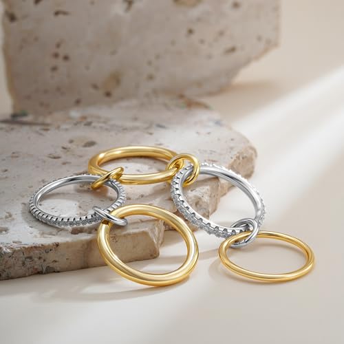 SLOONG Gold Stackable Rings for Women, Dainty 18k Gold Plated Cubic Zirconia Rings,Gold Silver Multi Ring Mixed Metals Stackable Ring Set for Women Non Tarnish Style2#9