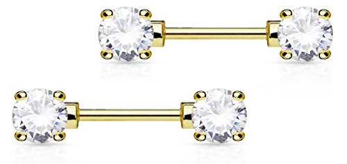 Forbidden Body Jewelry 14g 1/2 Inch (12mm) Surgical Steel & Gold Plated CZ Crystal Front Facing Gemmed Nipple Ring Barbell Set - style: 14k Gold Plated Clear