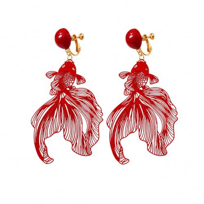 Red Koi Fish Clip On Earrings, Metal and Acrylic Statement Dangle Earrings for Women Festival Party Jewelry