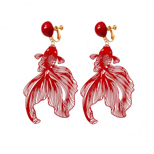 Red Koi Fish Clip On Earrings, Metal and Acrylic Statement Dangle Earrings for Women Festival Party Jewelry