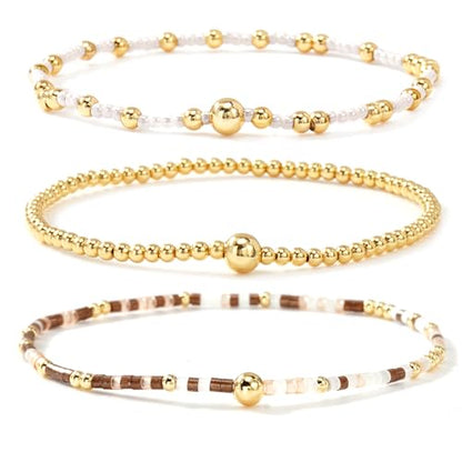 Gold Beaded Bracelet Stack for Women Colorful Small Seed Beads Bracelets Set Boho 14K Gold Plated Ball Stackable Stretch Non-Tarnish Dainty Jewelry Trendy Accessory Friendship Gift - color: brown and white