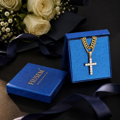 Fiusem Layered Cross Necklace for Men, Stainless Steel Cuban and Rope Chain | Silver Tone/14K Gold Plated Mens Necklace Chain with Cubic Zirconia Cross Pendant - color: Gold, size: 20/22 inches