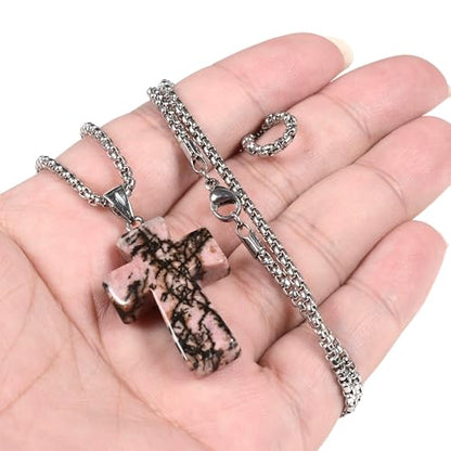 Justinstones 32mm Gemstone Carved Cross Reiki Chakra Pendant With Stainless Steel Necklace 22 Inch - color: Matrix Rhodonite