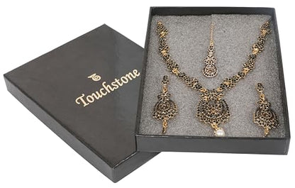 Touchstone Indian jewelry sets for women maang tikka wedding guest gold necklace bollywood jewellery set pageant elegant prom bride accessories western crystal chunky rhinestone necklaces - color: Black in antique gold plating