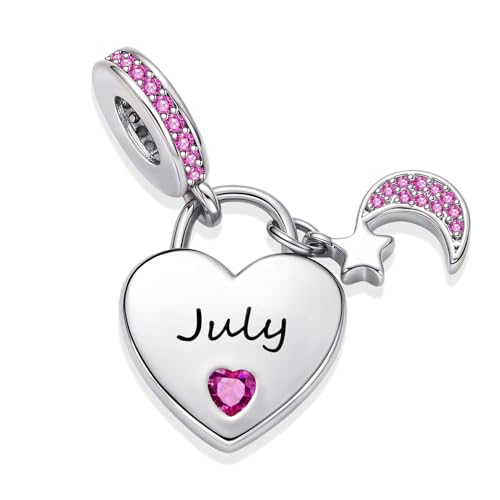 12 Months Birthstone Heart Charm Moon and Star Pendant Bead Compatible with Pandora Bracelet Women - style: July