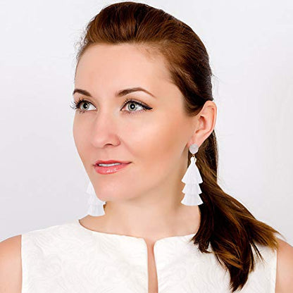 Bohemian Tiered Tassel Earrings with Druzy Stud for Women | Long Layered Fringe Drop Earrings, Statement Jewelry for Party Beach Festival - color: White