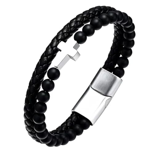 Italian Handmade Leather Bracelets for Men - color: Silver Cross, size: 8.2"