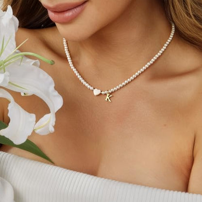 Turandoss Pearl Initial Necklaces for Women Trendy, Dainty 14K Gold Plated Heart Initial Pearl Pendent Necklace Bridesmaid Proposal Jewelry Personalized Gifts for Women Girls - color: S-1