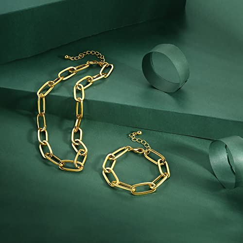 LANE WOODS Chunky Gold Necklace and Bracelet Set for Women, Paperclip Chain | Matching necklace and bracelet set, polished paperclip links, chunky statement style for layering, daily wear, and gifting - color: 15"Chain+7"Bracelet