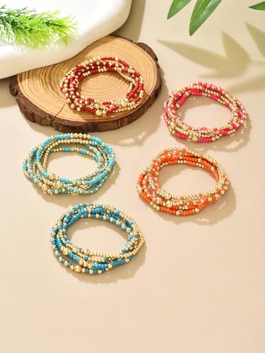 LOTSOF Bohemia Multilayer Beaded Bracelet Set, Turquoise Resin Colorful Surfer Heishi Style Elastic Spring Clasp Friendship Elastic Wristbands Summer Beach Boho Vacation Jewelry - color: Pink
