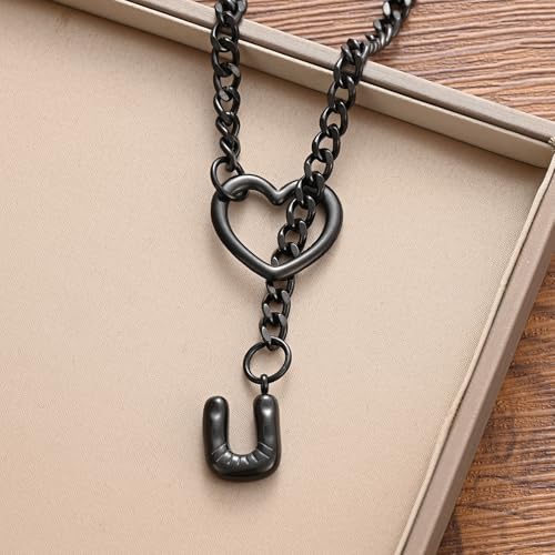 sroyte Black Heart Slip Chain Initial Necklaces for Women,Stainless Steel O-Ring Adjustable Lariat Heart Y-Necklace,Punk Gothic Cuban Collar Choker Necklace for women - color: Black U