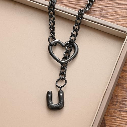 sroyte Black Heart Slip Chain Initial Necklaces for Women,Stainless Steel O-Ring Adjustable Lariat Heart Y-Necklace,Punk Gothic Cuban Collar Choker Necklace for women - color: Black U