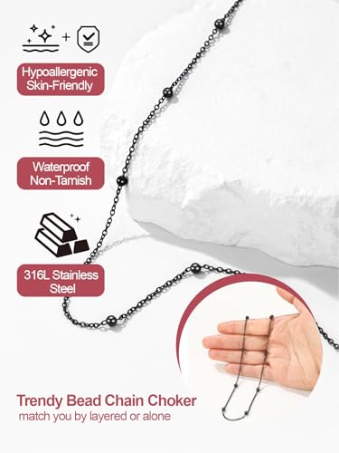 FOCALOOK Choker Necklace for Women, Double Layered Boho Beaded Choker Chain | Dainty 14K Gold Plated/Silver/Black Metal, Simple Small Satellite Beaded Chain Necklace, Hypoallergenic for Everyday Wear - color: 02.Satellite Beads-Black